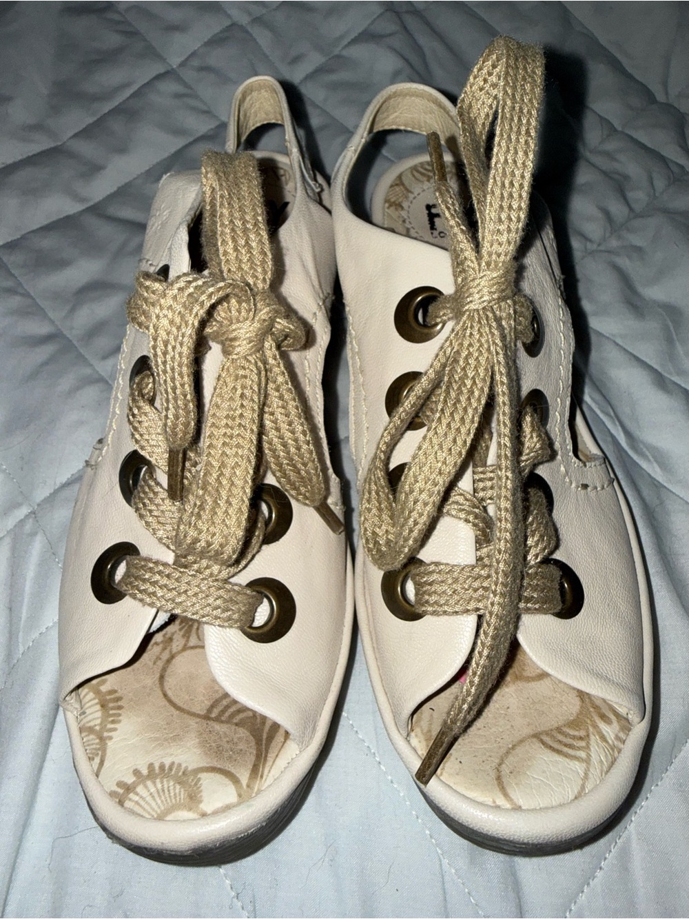Fly London Leather Yuta Peep Toe Slingback Wedge Heel Tie Up Sandals